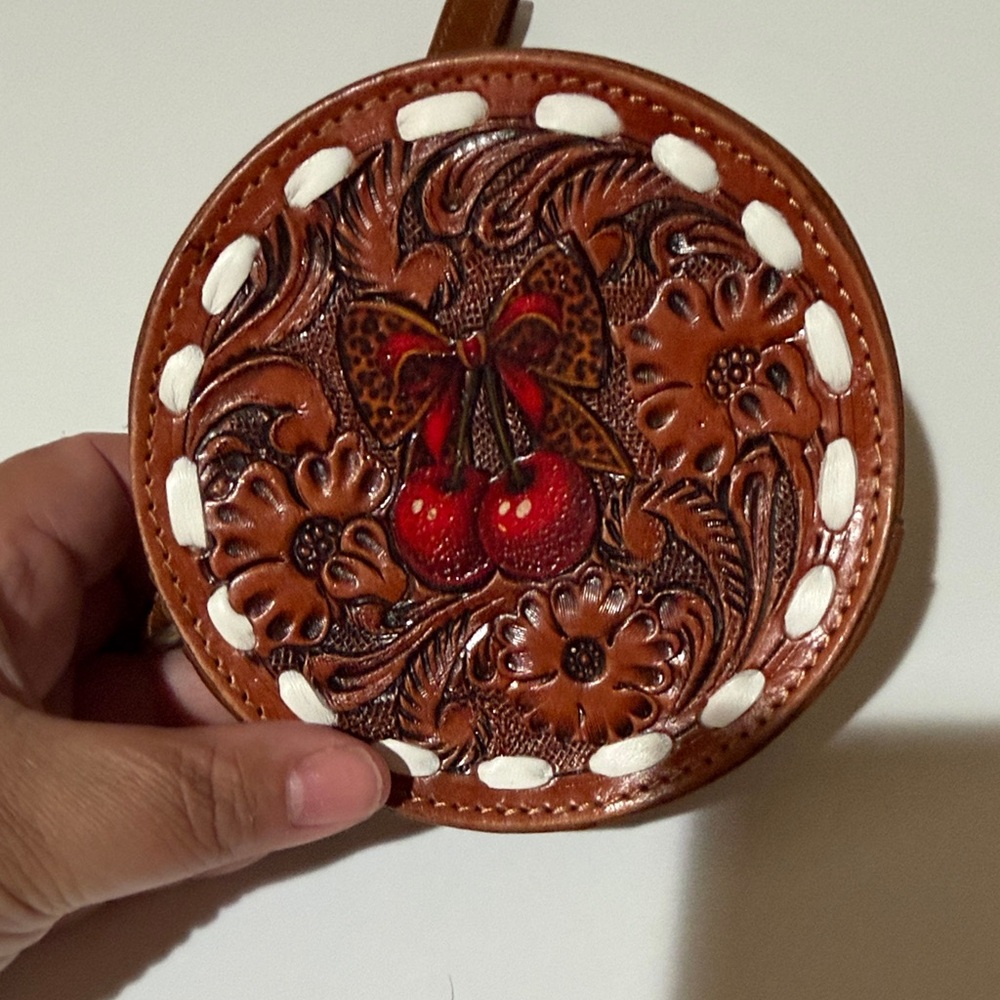 Tooled Leather Cherry Round Wristlet Pouch - Brown with Red Accents